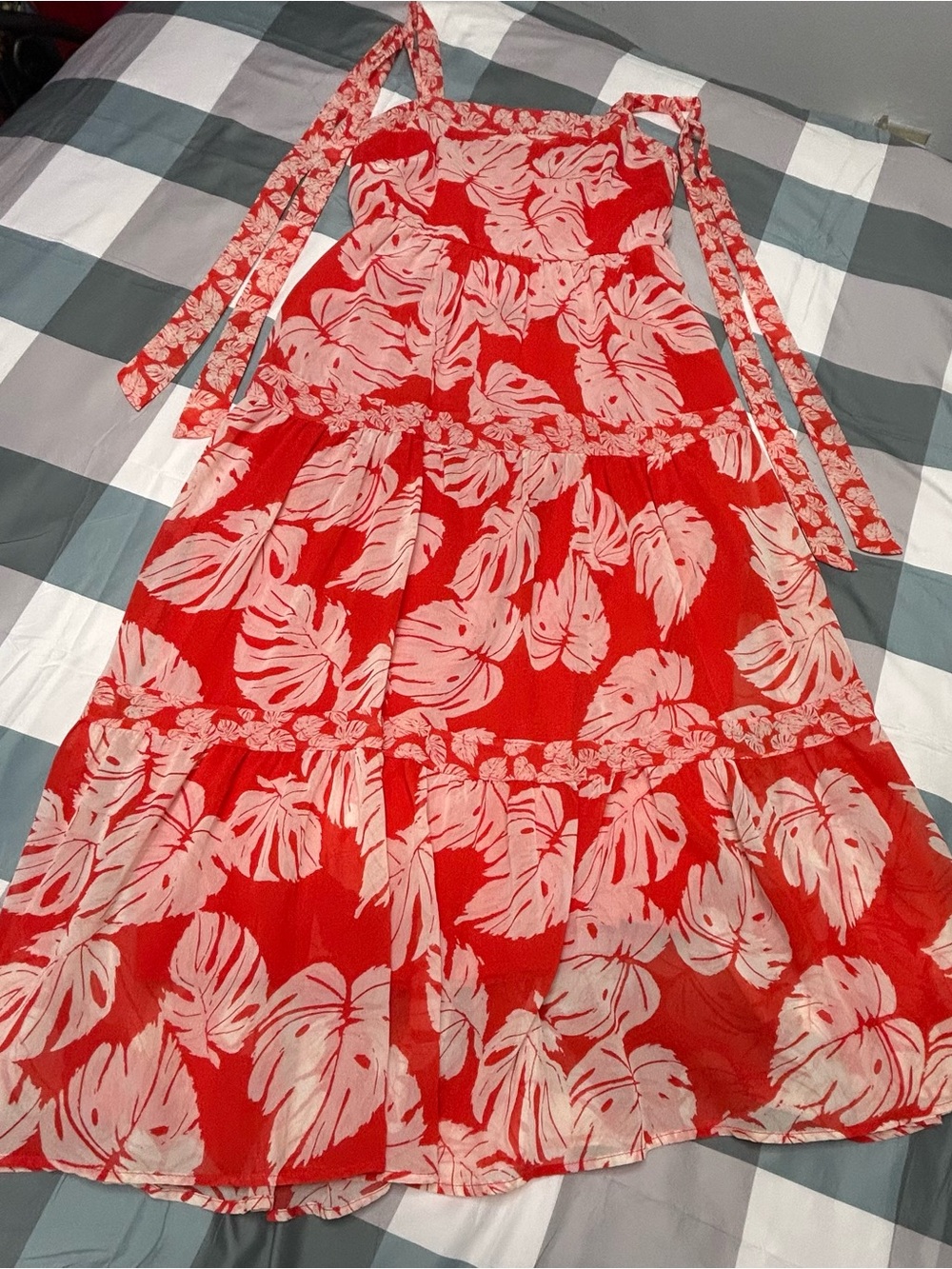 Red Tropical Tiered Maxi Dress with Tie Straps
